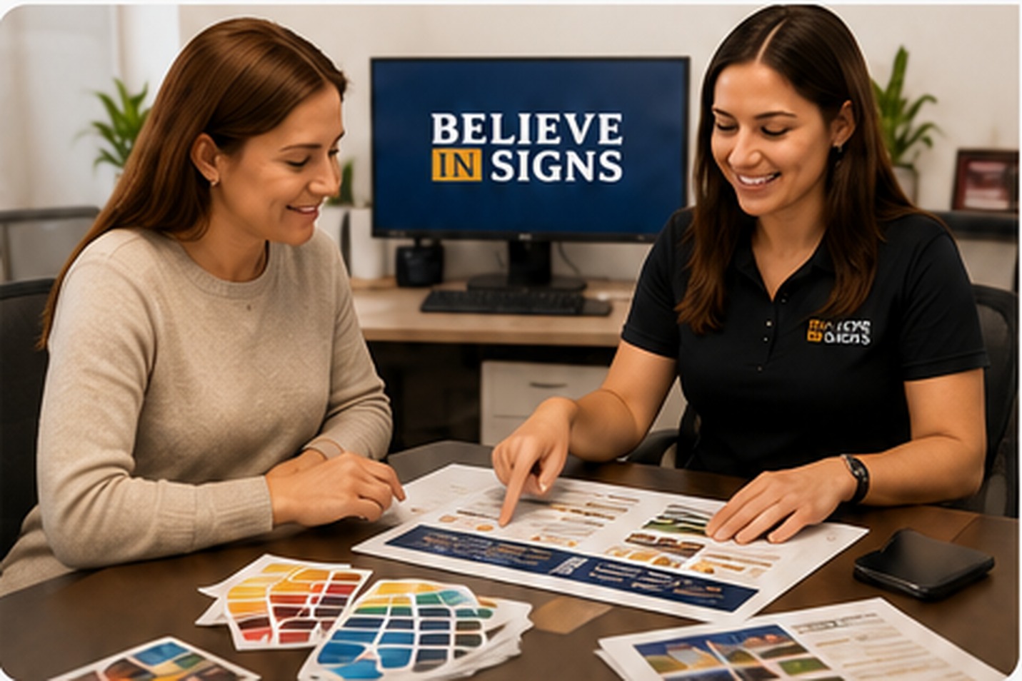 Two Believe In Signs team members reviewing printed proofs together at a table