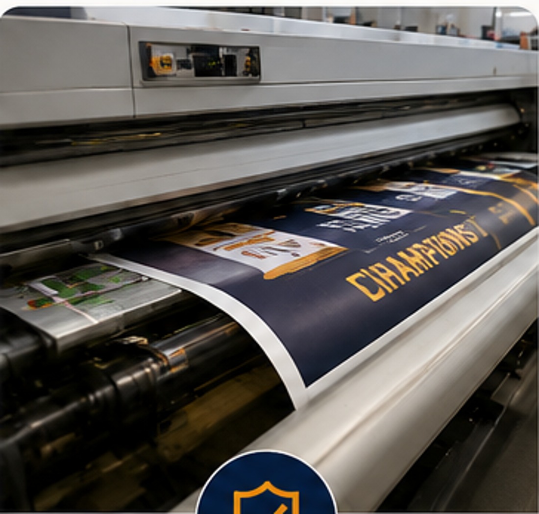 Wide-format press printing a navy and gold banner