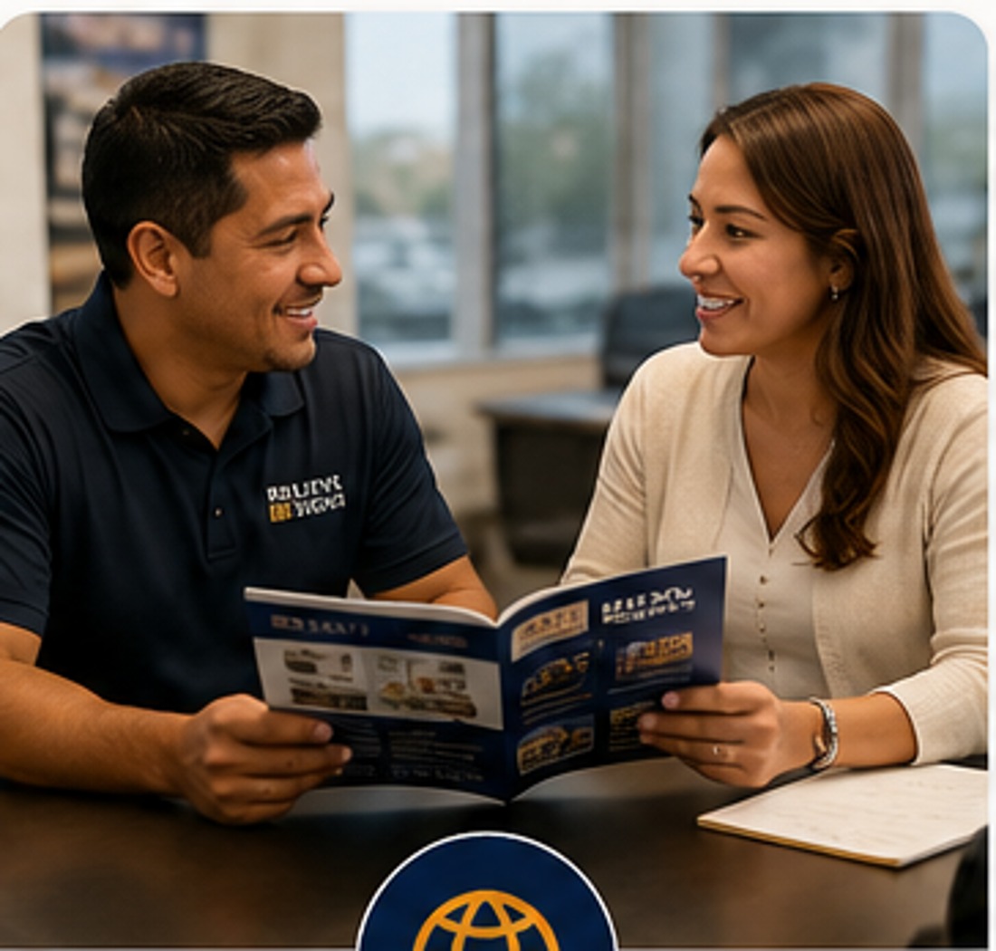 Team member reviewing a bilingual product catalog with a customer