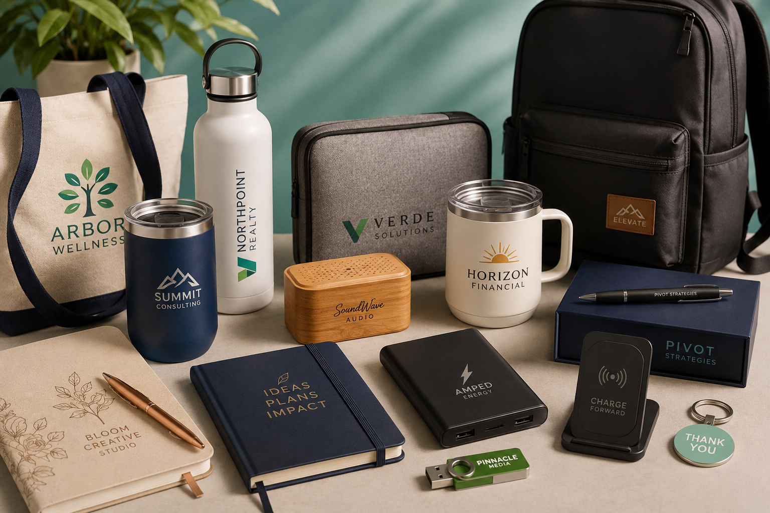 A curated collection of branded promotional products including drinkware, bags, journals, and tech accessories