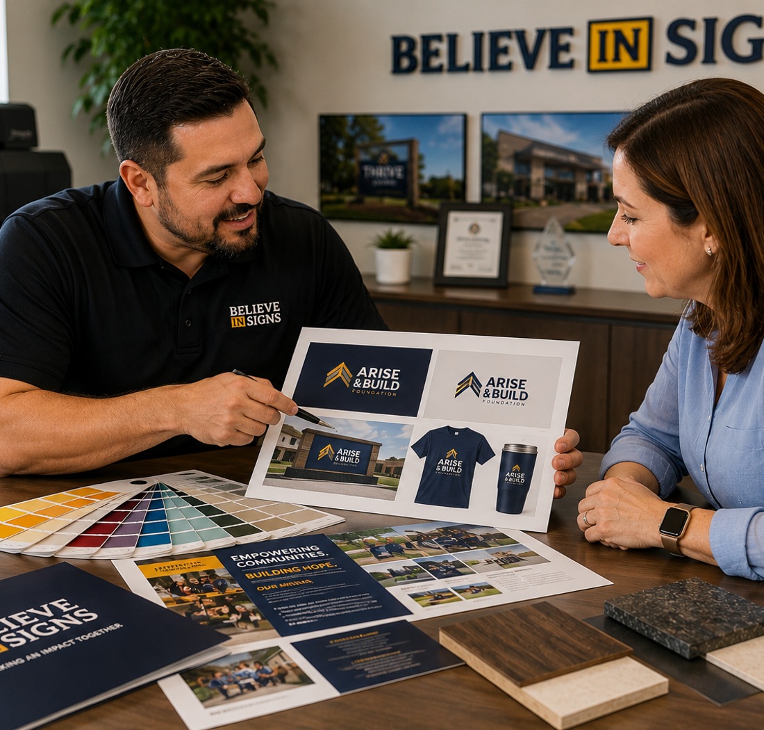 Believe In Signs team member reviewing branding proofs and color samples with a customer