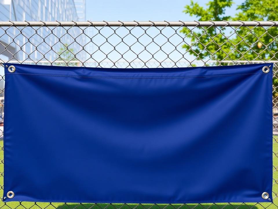 Hemmed and grommeted vinyl banner hung on a chain link fence
