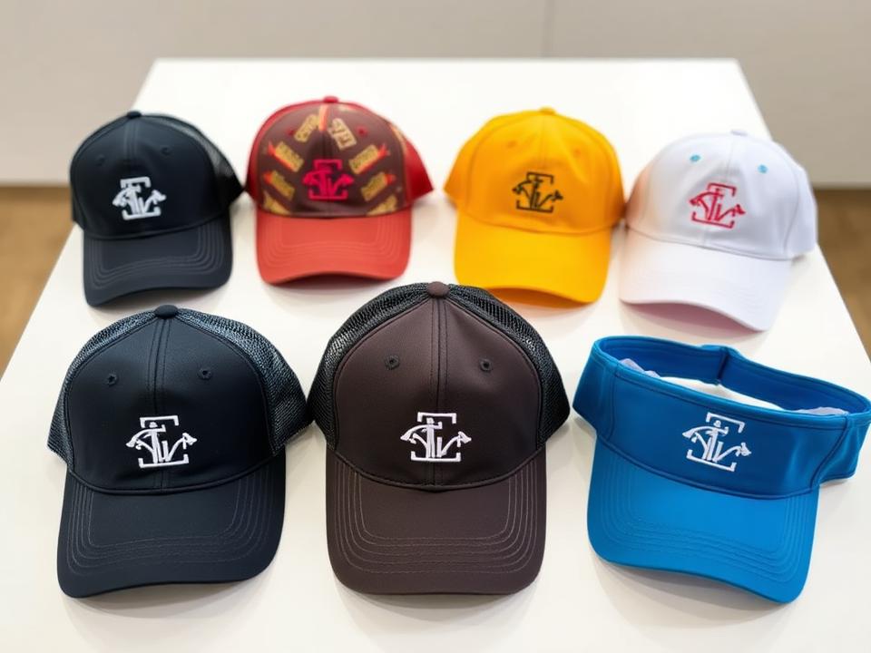 Custom embroidered caps, trucker hats and a visor on a table