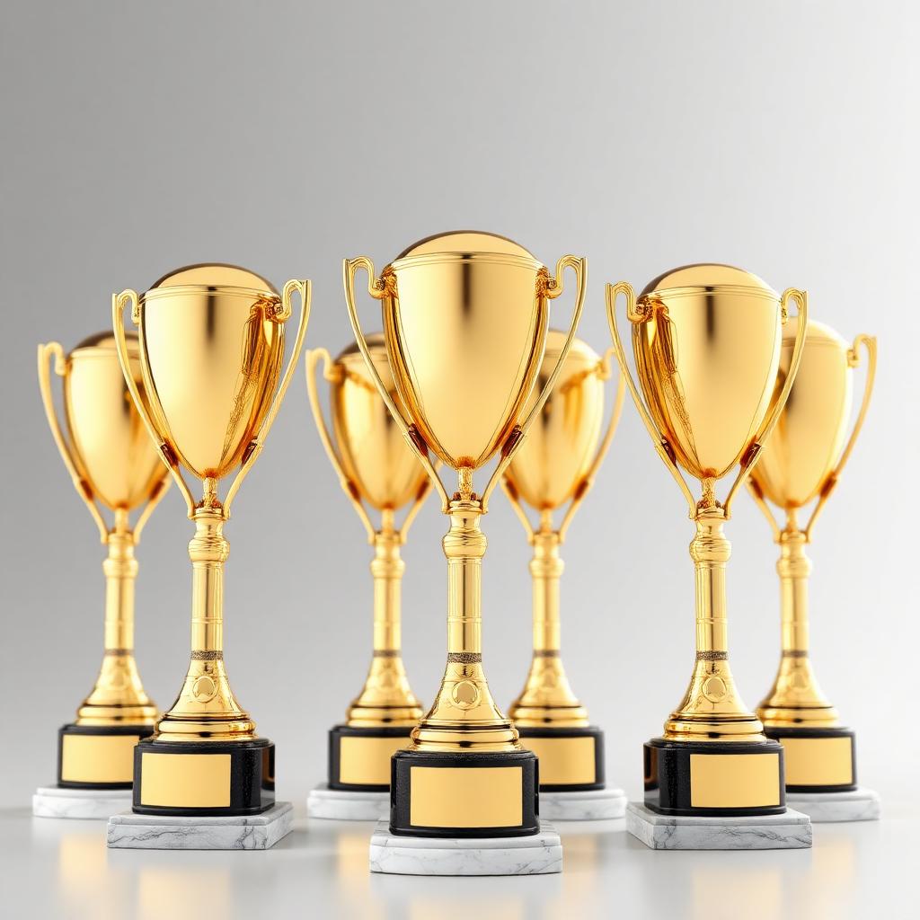 Set of engraved championship trophies staged together