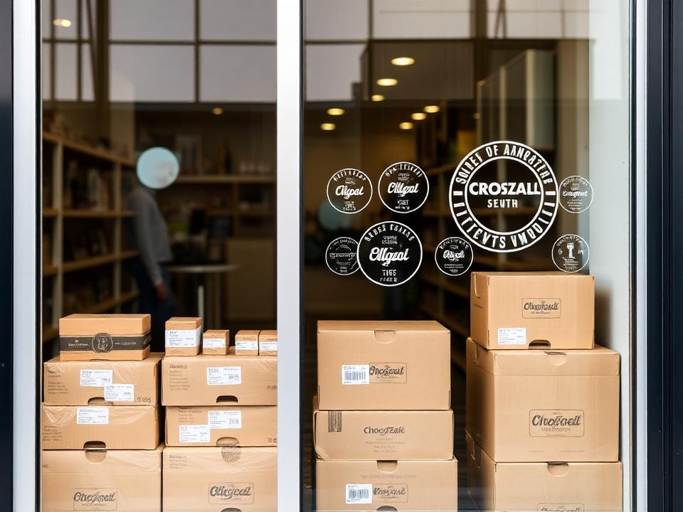 Custom cut window decals on storefront glass and printed labels on packaging