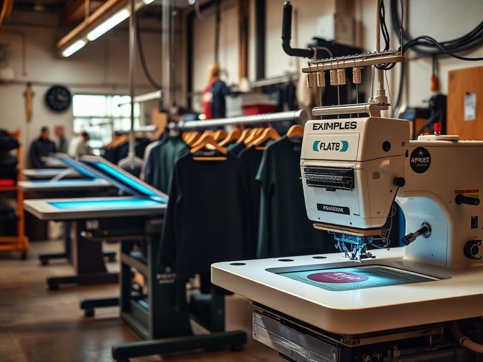 Apparel decoration shop with a screen printing press and an embroidery machine