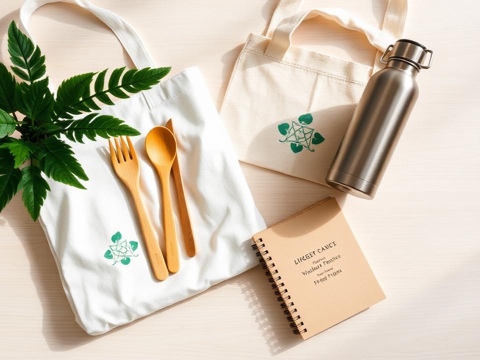 Eco-friendly promotional products including bamboo utensils and a recycled cotton tote