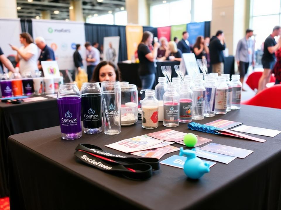 Trade show table with branded drinkware, lanyards and giveaways