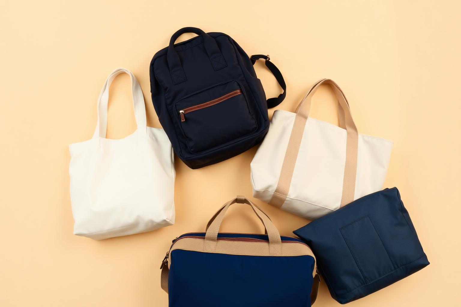 Curated collection of blank canvas totes, backpacks, a duffel and a cooler bag