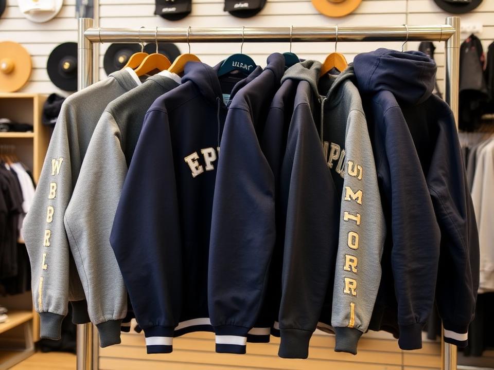 Custom embroidered team jackets and hoodies on a rack