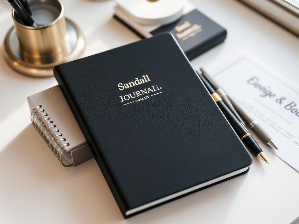 Branded hardcover journals and pens arranged on a desk
