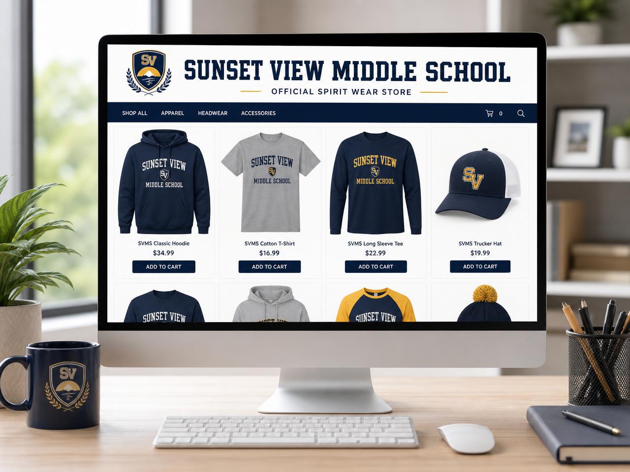 Desktop computer showing the Sunset View Middle School online spirit wear store with hoodies, tees and hats