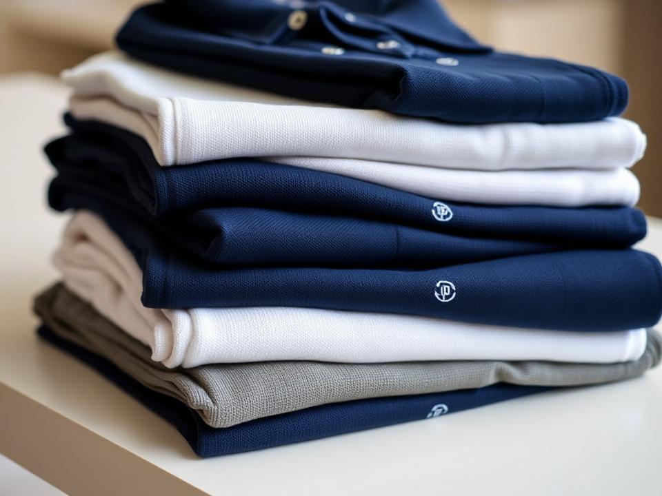 Stack of navy, white and gray corporate polo shirts