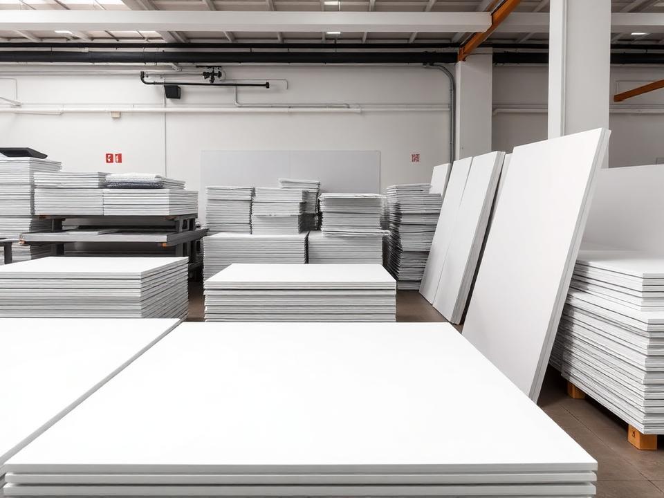 Stacked large-format posters and mounted presentation boards in a print shop