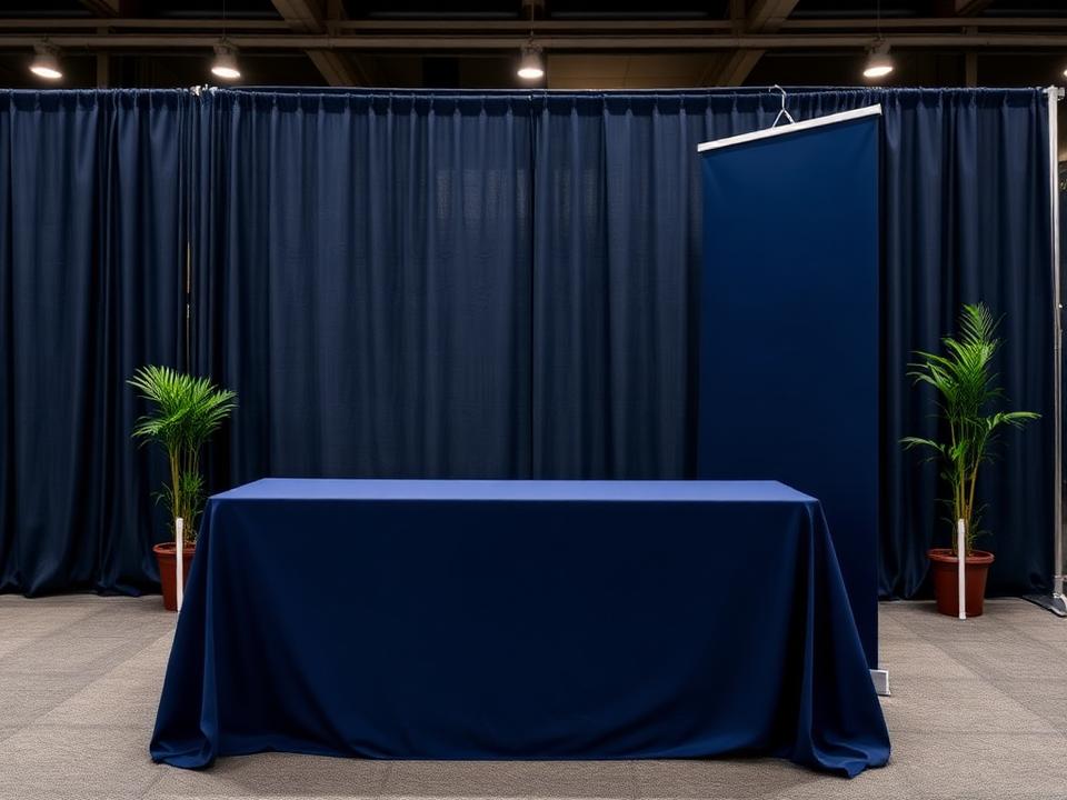 Trade show booth with a fitted table cover and a retractable pull-up banner