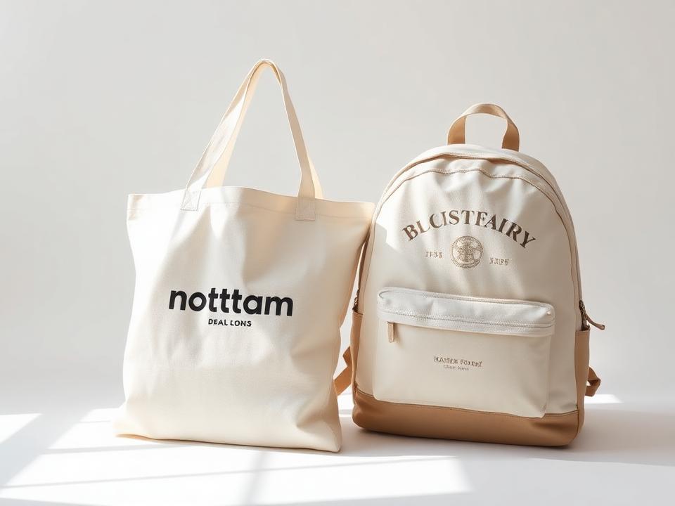Branded canvas tote bag and backpack with embroidered logos