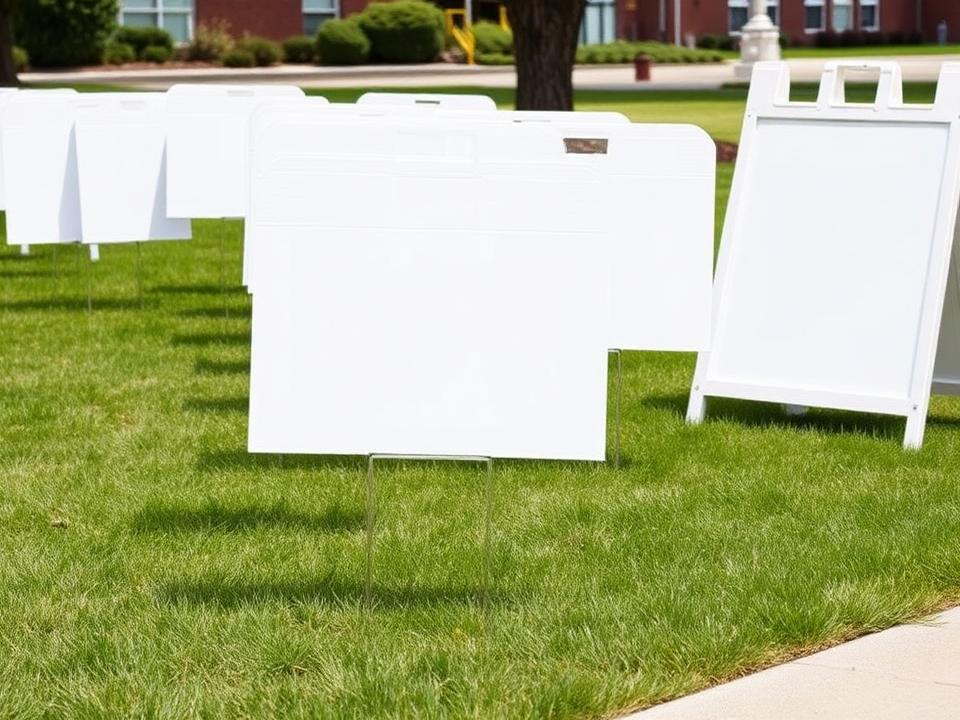 Row of corrugated yard signs with wire stakes beside an A-frame sidewalk sign